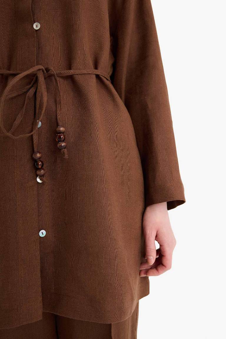 قميص طويل كتان قصة عادية وردن طويل برباط