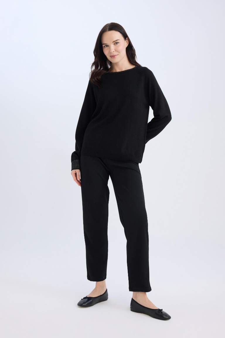 Pantolon Straight Fit Lastikli Bel Piliseli Basic Düz