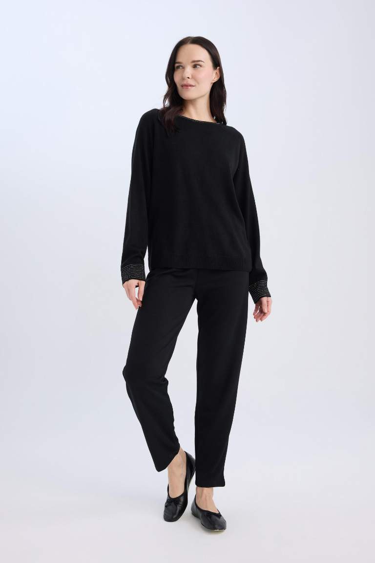 Pantolon Straight Fit Lastikli Bel Piliseli Basic Düz