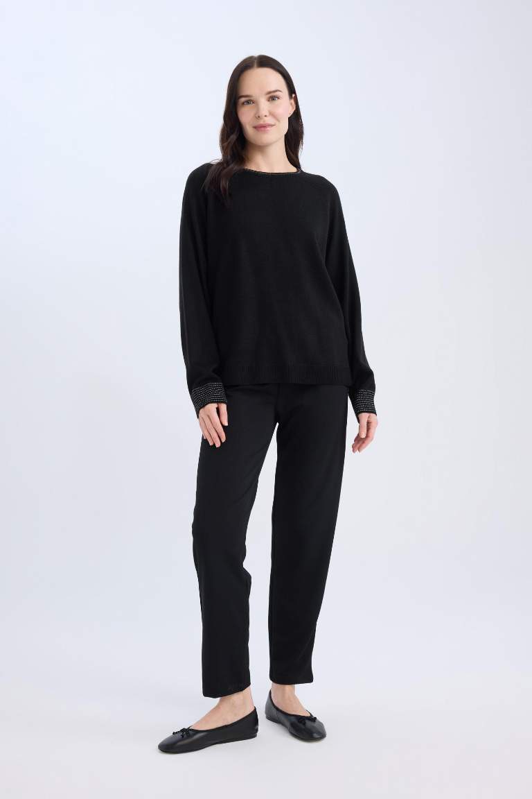 Pantolon Straight Fit Lastikli Bel Piliseli Basic Düz