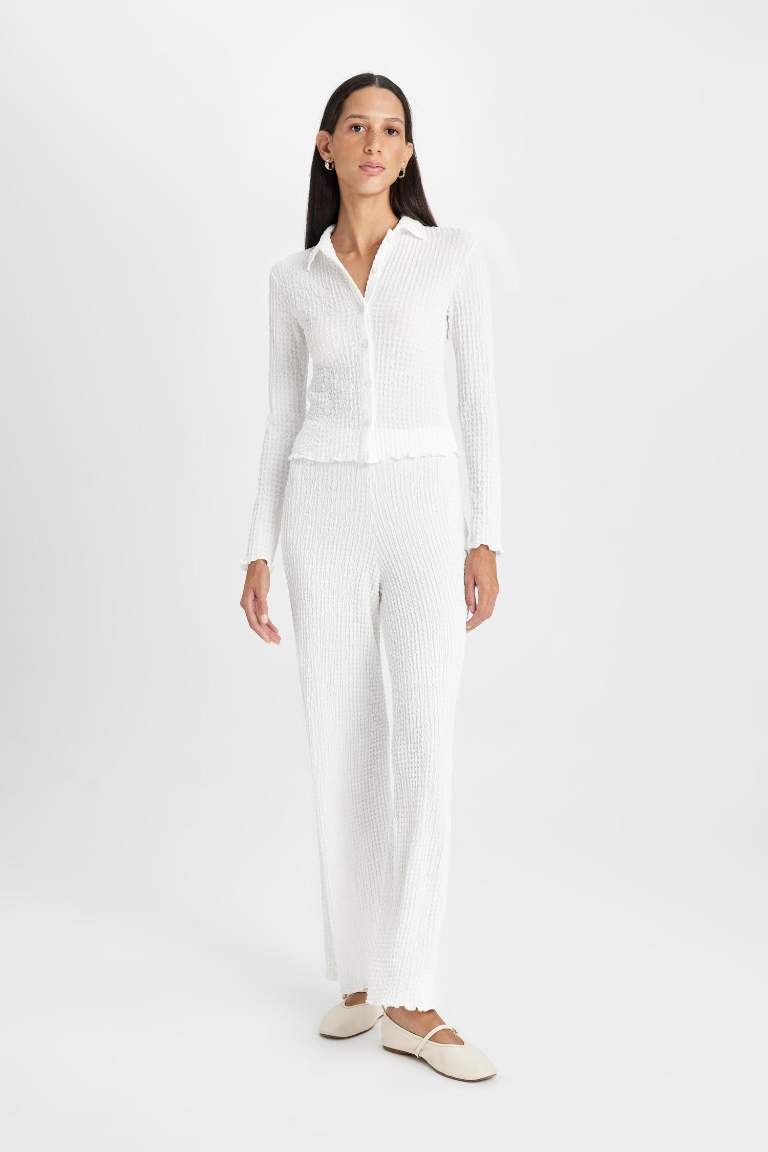 Regular Fit Beli Lastikli Basic Düz Bürümcük Pantolon