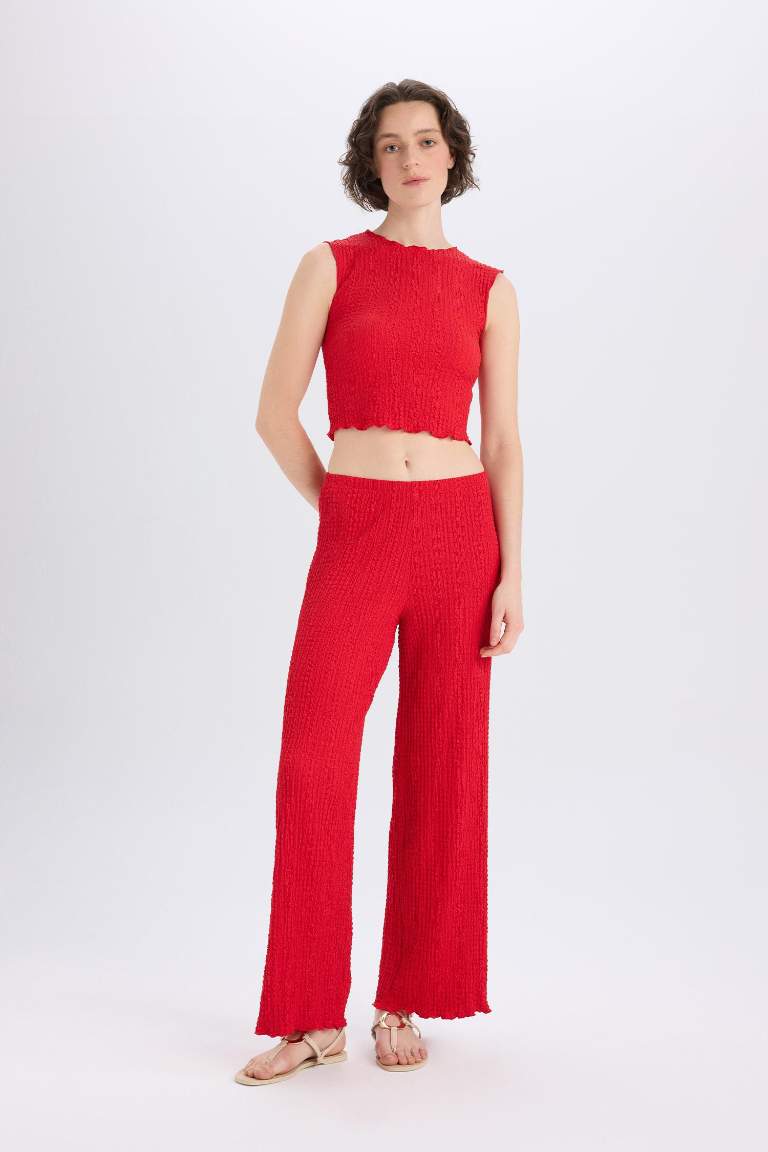 Regular Fit Beli Lastikli Basic Düz Bürümcük Pantolon