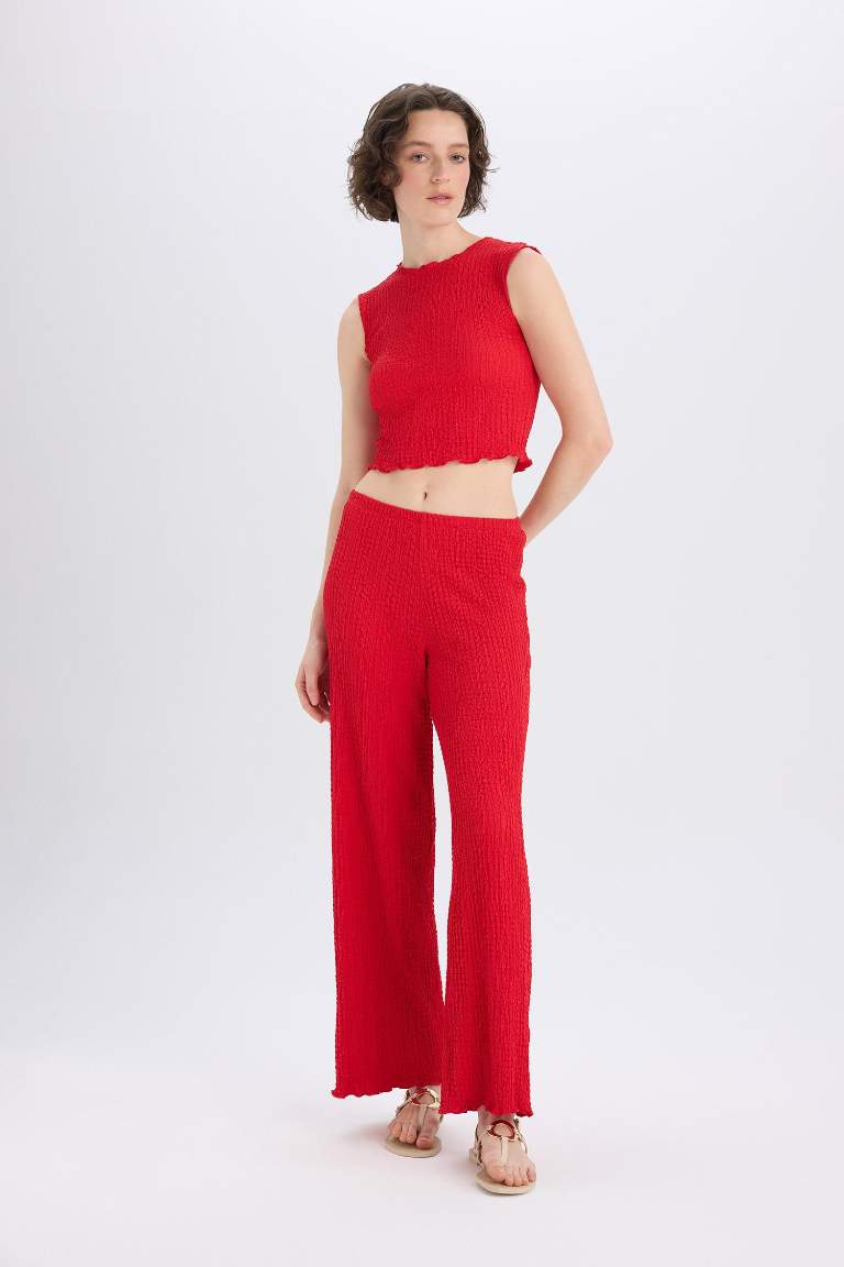Regular Fit Beli Lastikli Basic Düz Bürümcük Pantolon