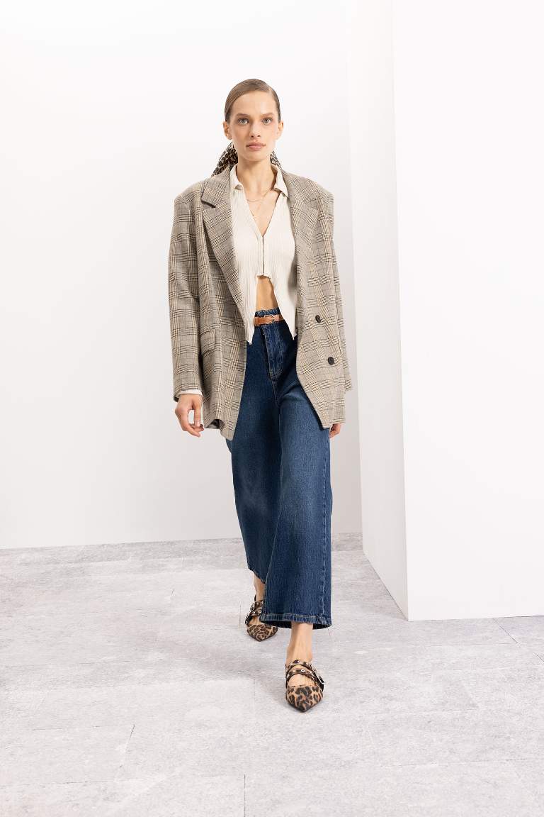 Oversize Geniş Kalıp Kruvaze Yaka Düğmeli Ekoseli Blazer Ceket