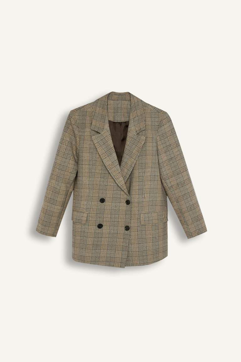 Oversize Geniş Kalıp Kruvaze Yaka Düğmeli Ekoseli Blazer Ceket