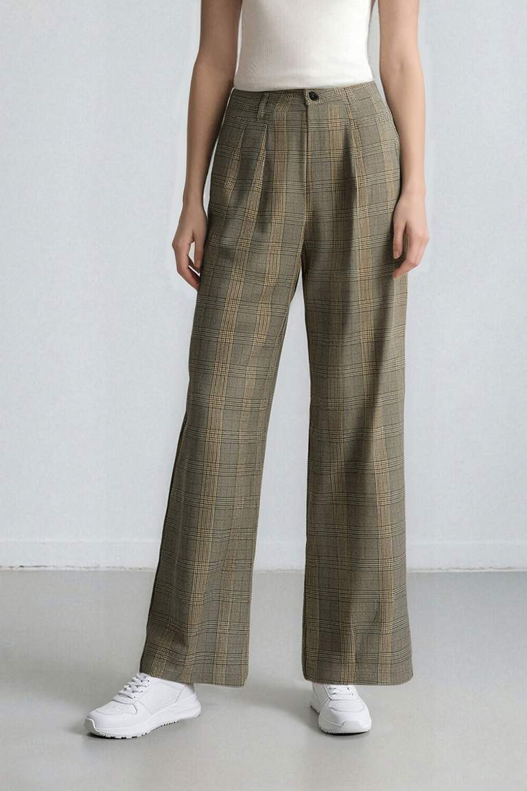 Wide Leg Klasik Kumaş Pantolon Geniş Bol Paça Kareli Çift Cepli Yüksek Bel Piliseli Standart Boy