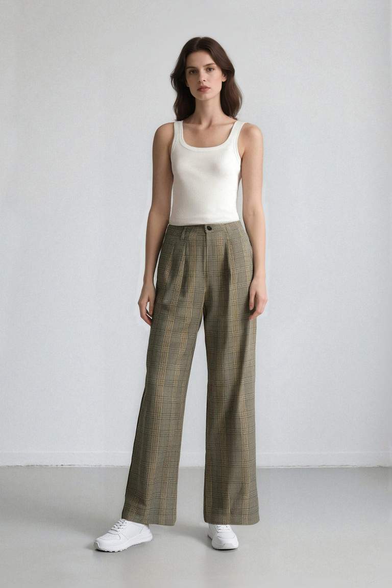 Wide Leg Klasik Kumaş Pantolon Geniş Bol Paça Kareli Çift Cepli Yüksek Bel Piliseli Standart Boy