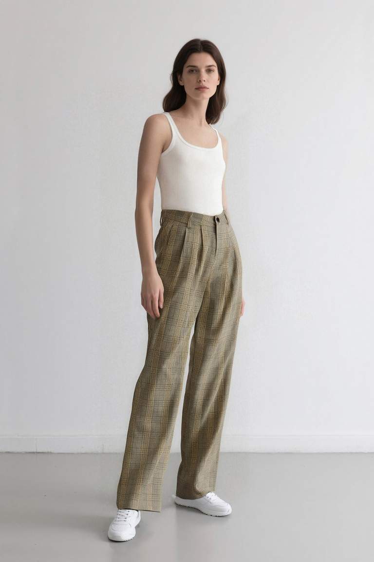 Wide Leg Klasik Kumaş Pantolon Geniş Bol Paça Kareli Çift Cepli Yüksek Bel Piliseli Standart Boy