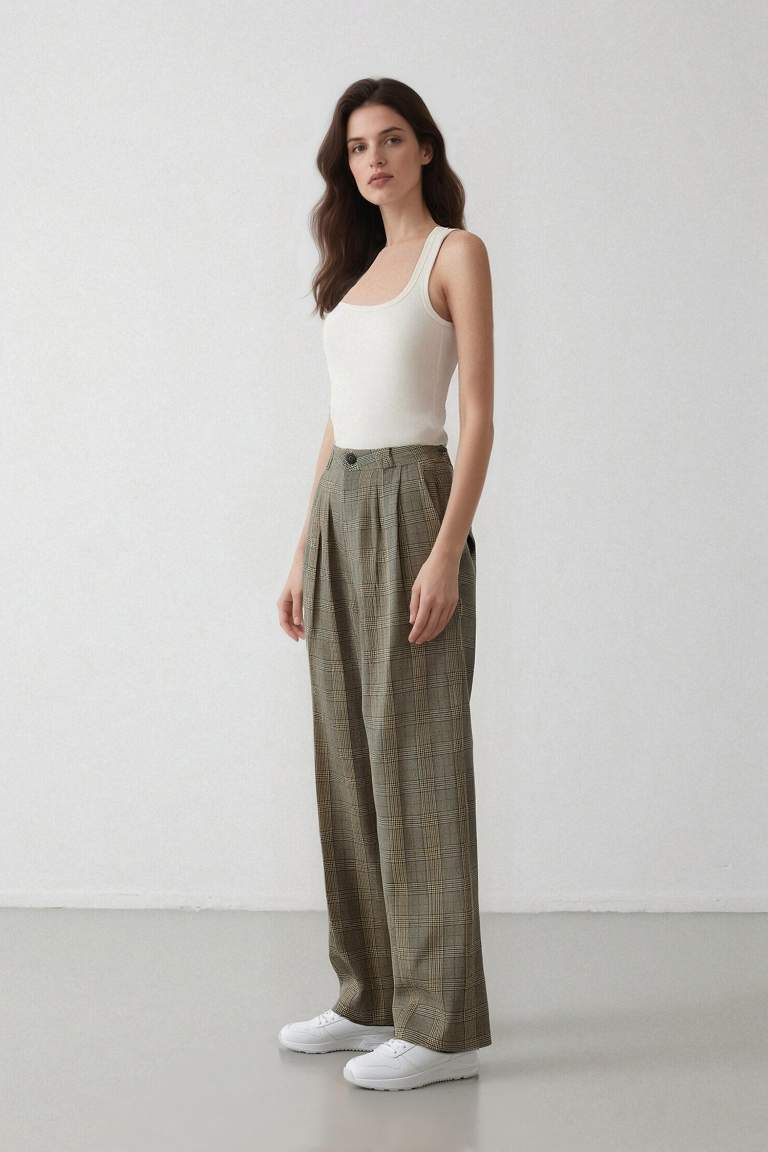 Wide Leg Klasik Kumaş Pantolon Geniş Bol Paça Kareli Çift Cepli Yüksek Bel Piliseli Standart Boy