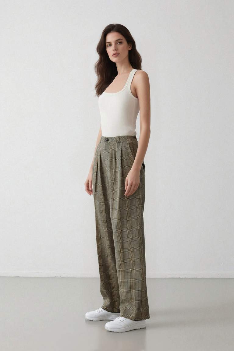 Wide Leg Klasik Kumaş Pantolon Geniş Bol Paça Kareli Çift Cepli Yüksek Bel Piliseli Standart Boy