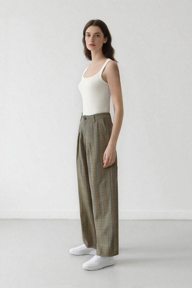 Wide Leg Klasik Kumaş Pantolon Geniş Bol Paça Kareli Çift Cepli Yüksek Bel Piliseli Standart Boy