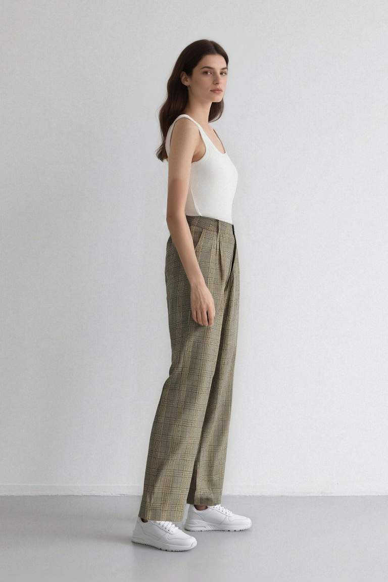 Wide Leg Klasik Kumaş Pantolon Geniş Bol Paça Kareli Çift Cepli Yüksek Bel Piliseli Standart Boy