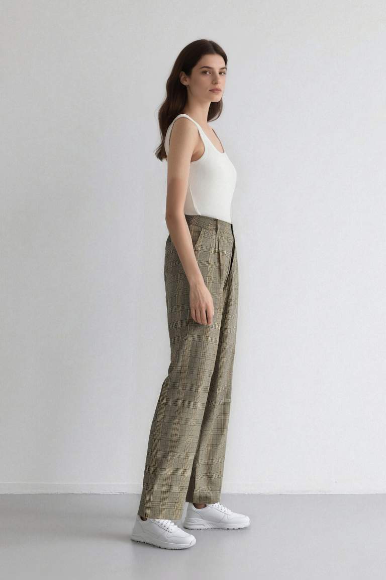 Wide Leg Klasik Kumaş Pantolon Geniş Bol Paça Kareli Çift Cepli Yüksek Bel Piliseli Standart Boy