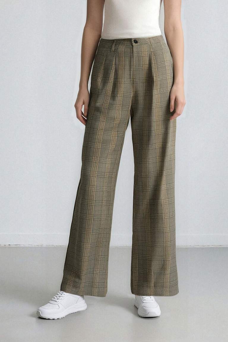 Wide Leg Klasik Kumaş Pantolon Geniş Bol Paça Kareli Çift Cepli Yüksek Bel Piliseli Standart Boy