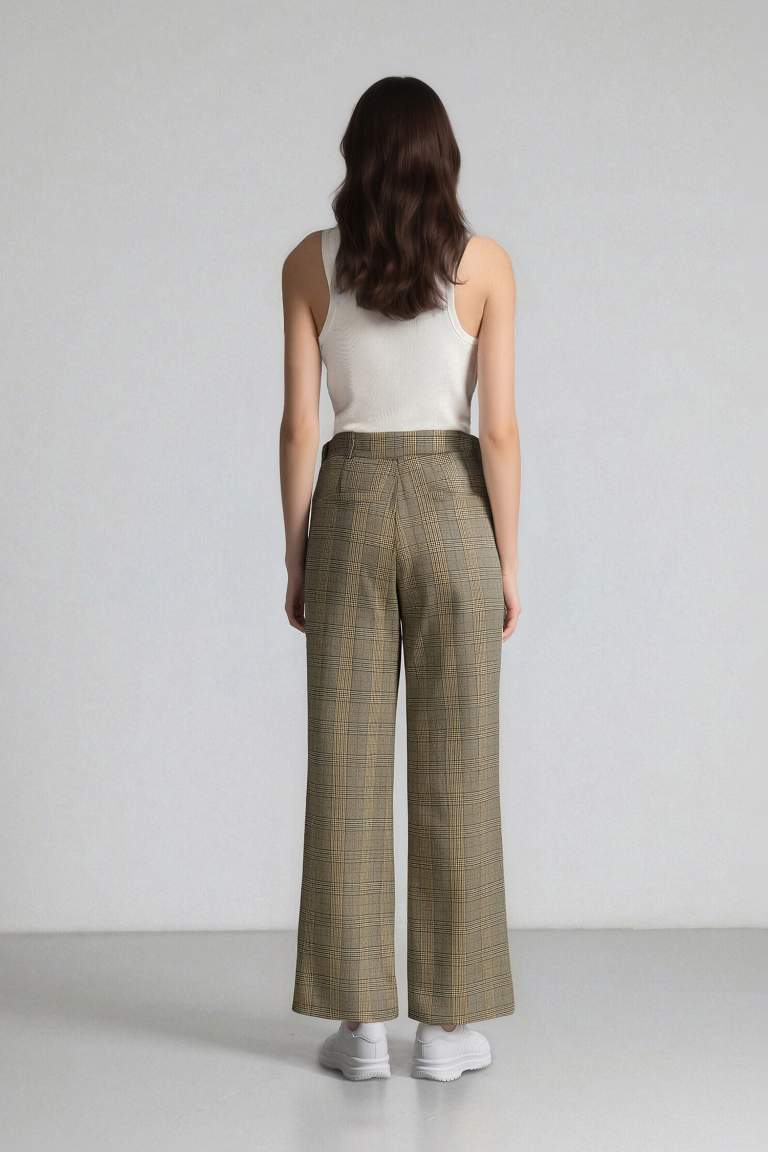 Wide Leg Klasik Kumaş Pantolon Geniş Bol Paça Kareli Çift Cepli Yüksek Bel Piliseli Standart Boy