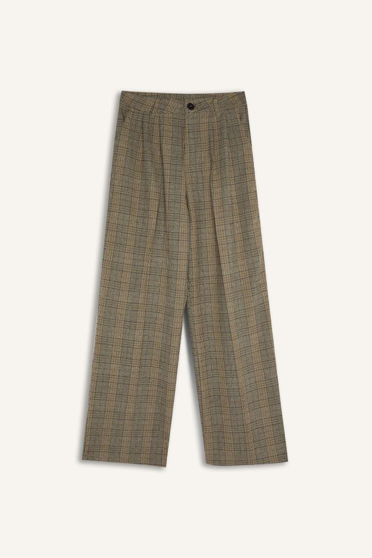 Wide Leg Klasik Kumaş Pantolon Geniş Bol Paça Kareli Çift Cepli Yüksek Bel Piliseli Standart Boy