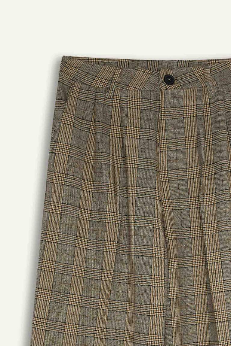 Wide Leg Klasik Kumaş Pantolon Geniş Bol Paça Kareli Çift Cepli Yüksek Bel Piliseli Standart Boy