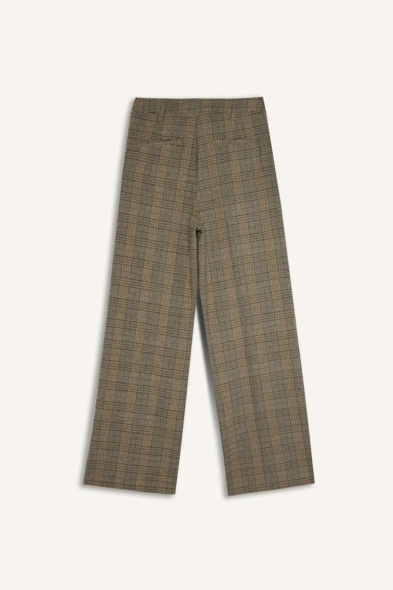 Wide Leg Klasik Kumaş Pantolon Geniş Bol Paça Kareli Çift Cepli Yüksek Bel Piliseli Standart Boy