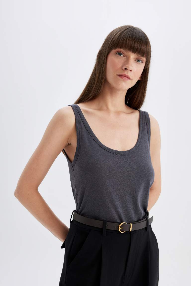 Regular Fit Crew Neck Linen Blend Tank Top