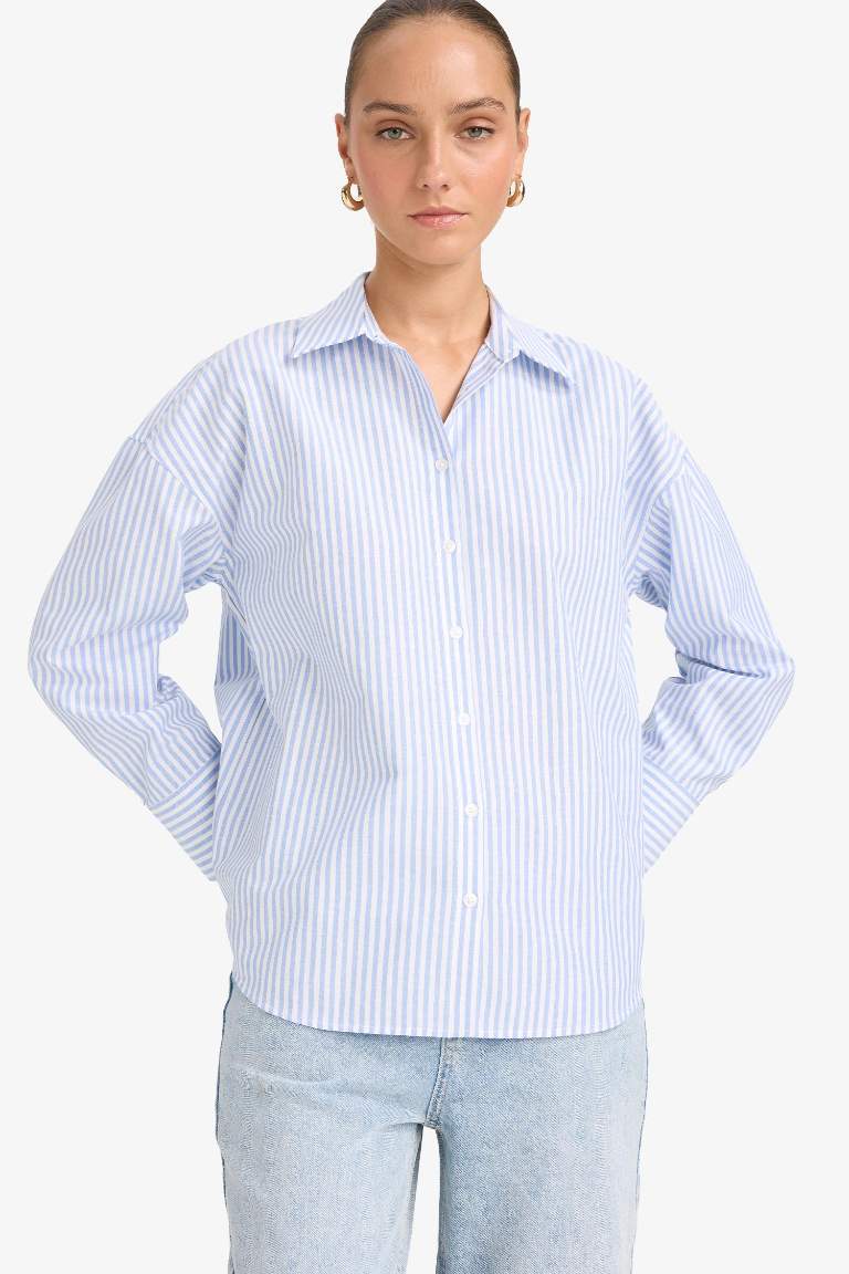 Oversize Geniş Kalıp Çizgili Oxford Uzun Kollu Gömlek