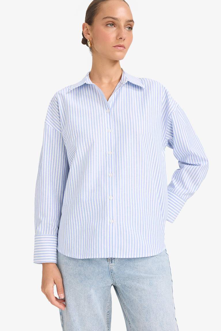 Oversize Geniş Kalıp Çizgili Oxford Uzun Kollu Gömlek