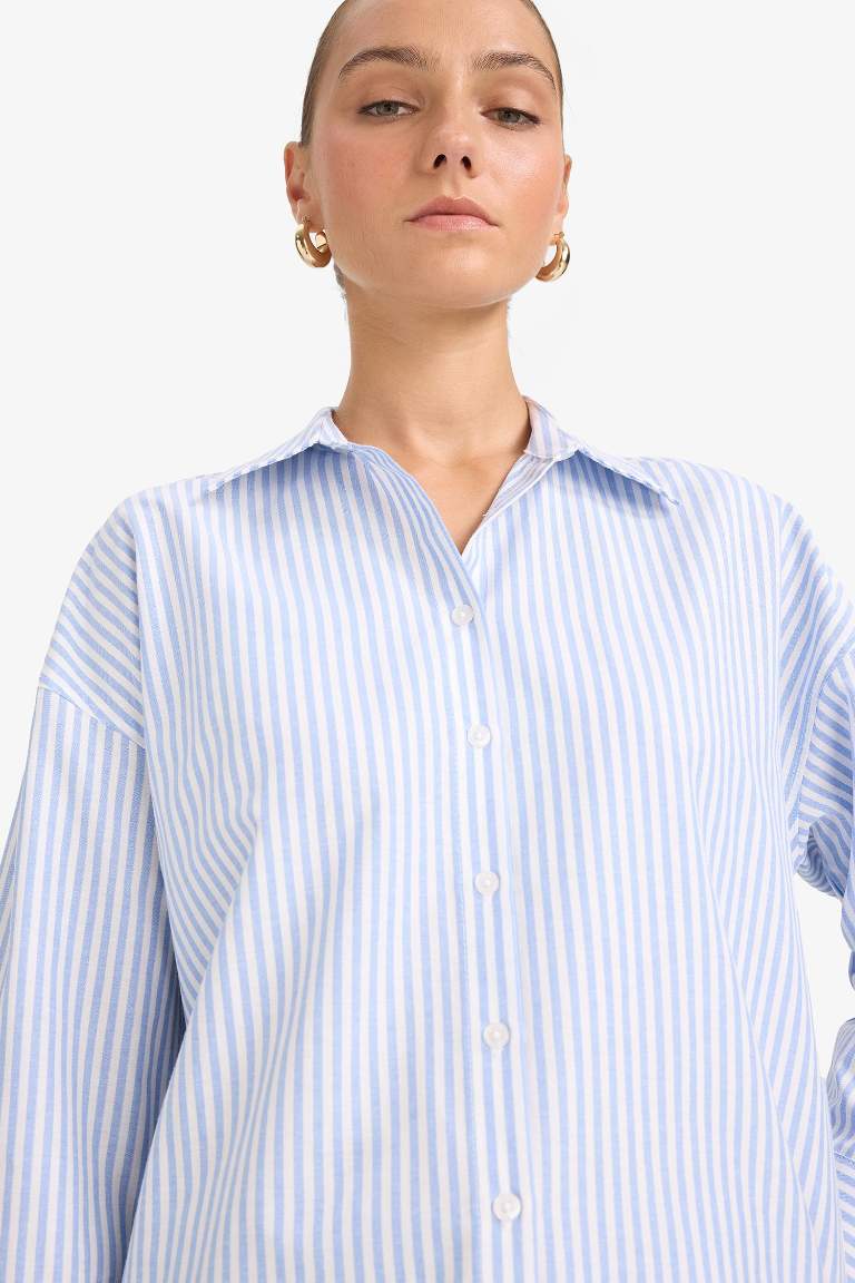 Oversize Geniş Kalıp Çizgili Oxford Uzun Kollu Gömlek