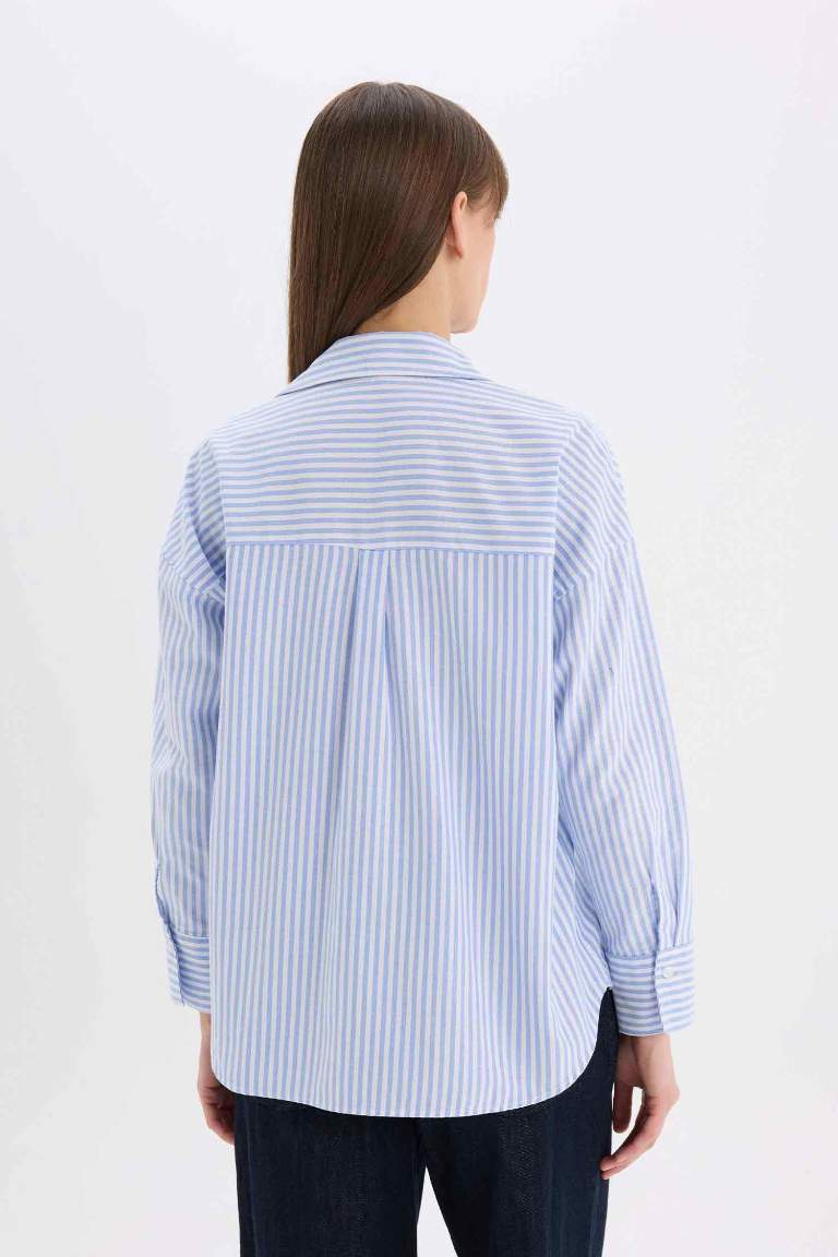 Oversize Fit Shirt Collar Oxford Striped Long Sleeve Shirt