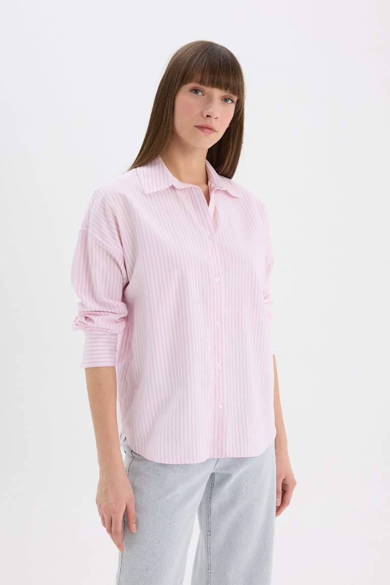 Oversize Fit Shirt Collar Oxford Striped Long Sleeve Shirt