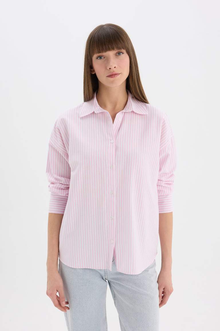 Oversize Fit Shirt Collar Oxford Striped Long Sleeve Shirt