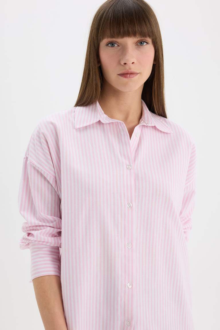 Oversize Fit Shirt Collar Oxford Striped Long Sleeve Shirt