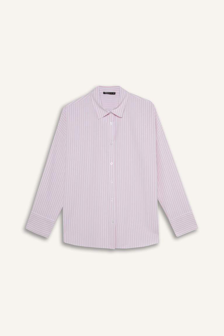 Oversize Fit Shirt Collar Oxford Striped Long Sleeve Shirt