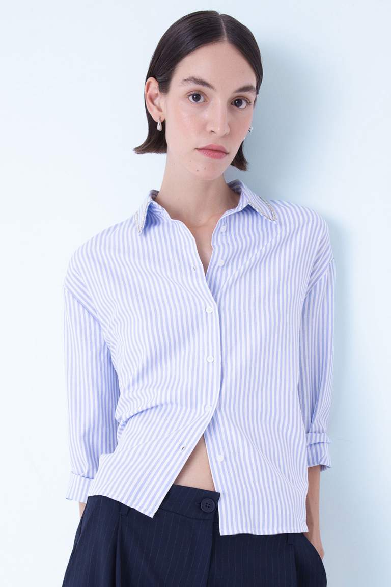 Oversize Fit Shirt Collar Striped Buttoned Oxford Shirt