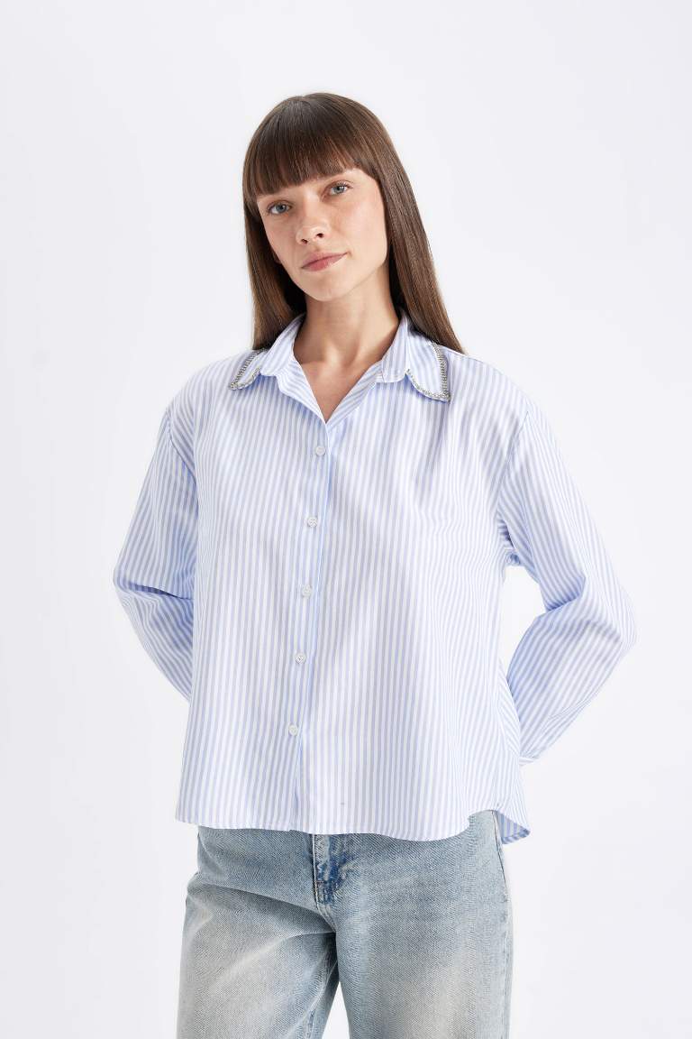 Oversize Fit Shirt Collar Striped Buttoned Oxford Shirt