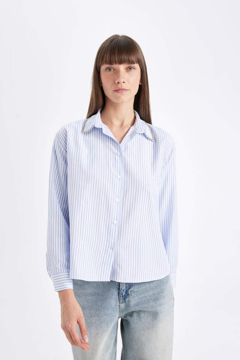 Oversize Fit Shirt Collar Striped Buttoned Oxford Shirt