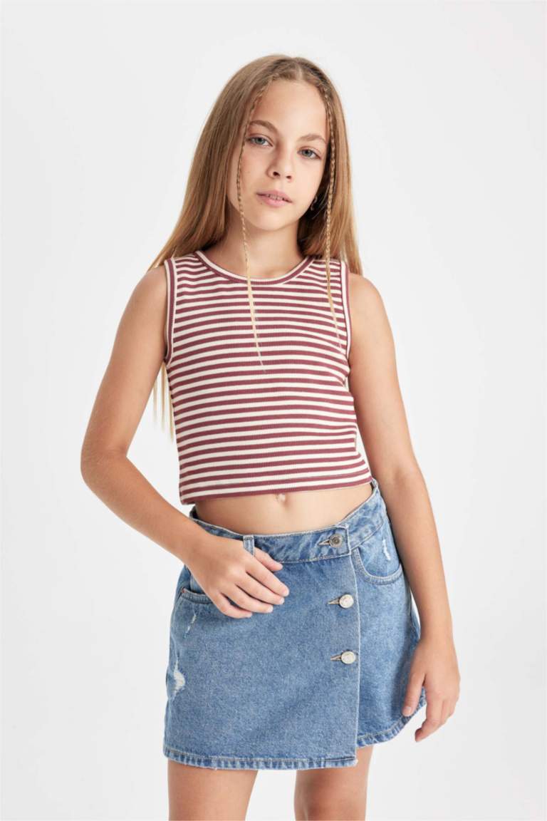 Girl Crew Neck Striped Crop Top