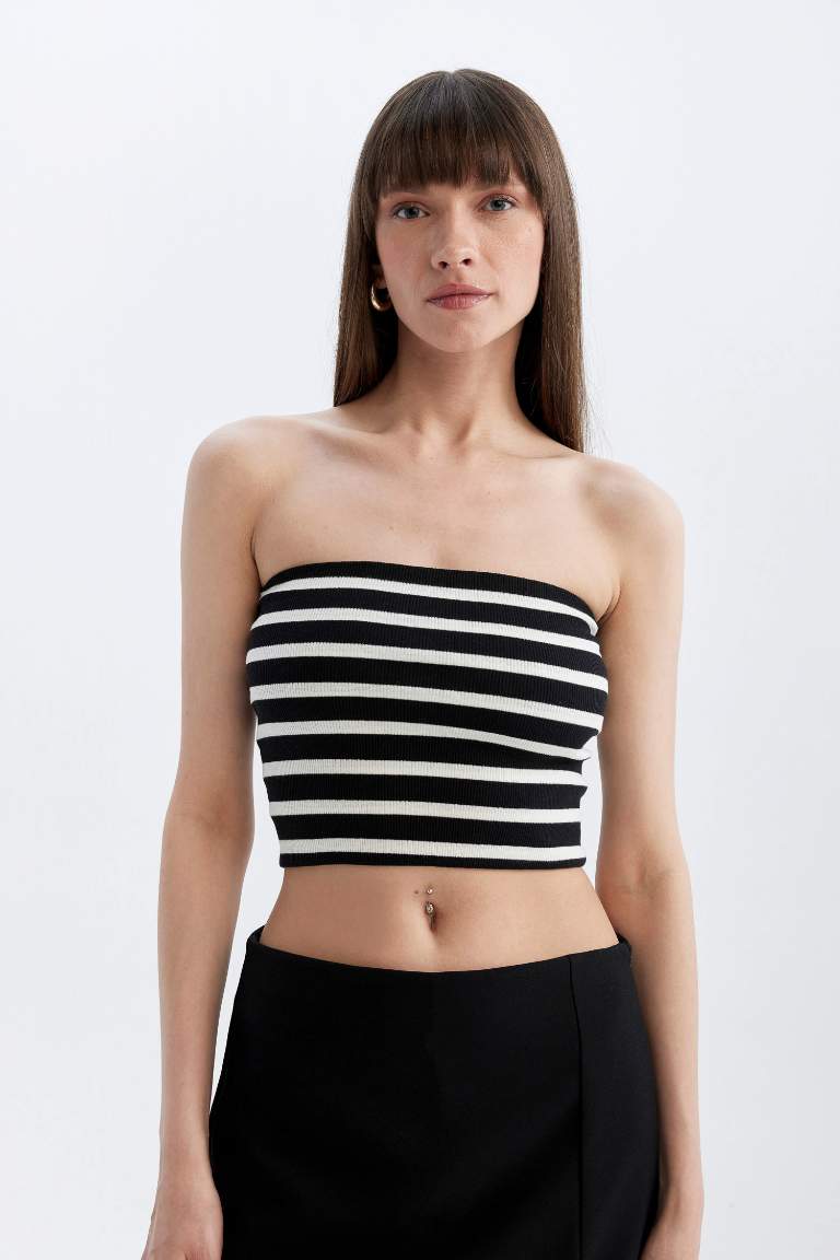 Slim Fit Striped Strapless Ribbed Corset Blouse