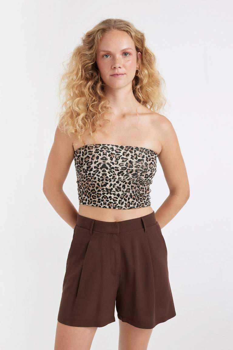 Slim Fit Leopard Patterned Strapless Ribbed Crop Top