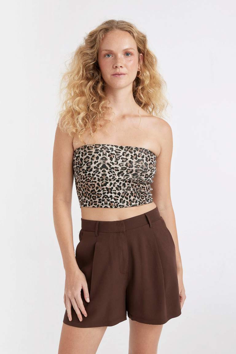 Slim Fit Leopard Patterned Strapless Ribbed Crop Top