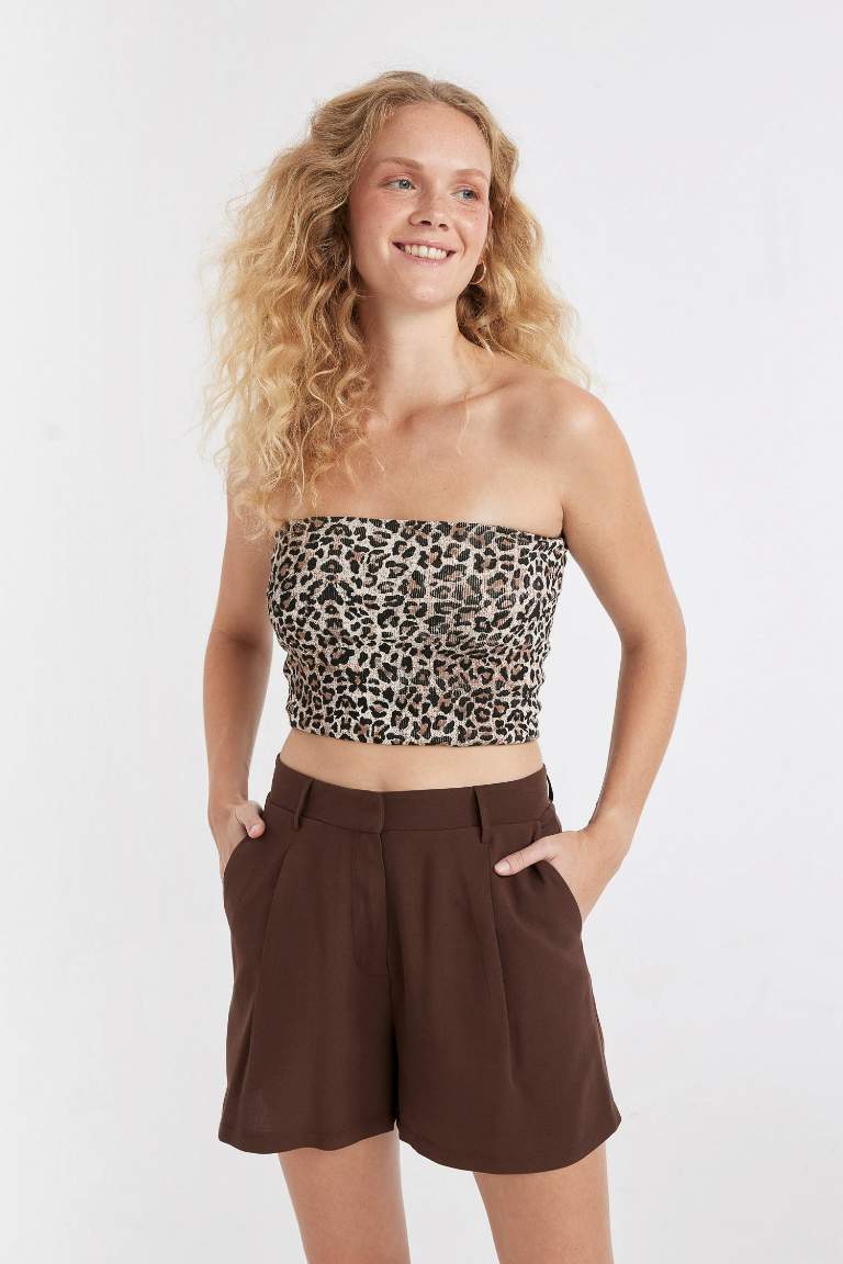 Slim Fit Leopard Patterned Strapless Ribbed Crop Top