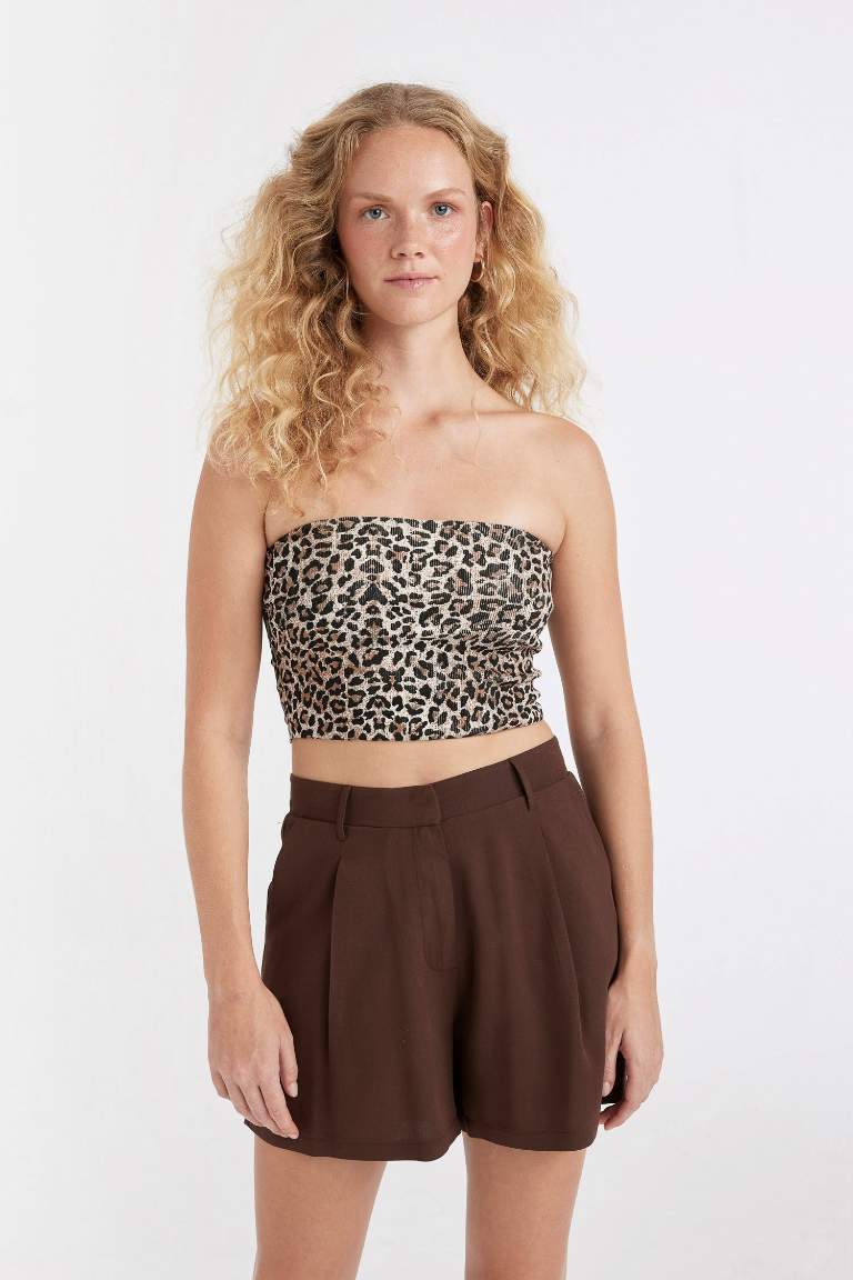 Slim Fit Leopard Patterned Strapless Ribbed Crop Top