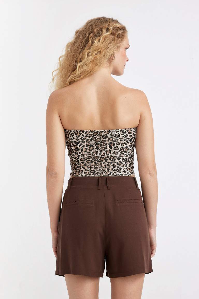 Slim Fit Leopard Patterned Strapless Ribbed Crop Top