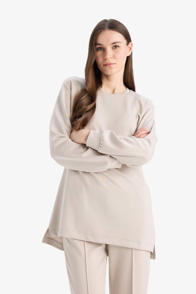 Regular Fit Crew Neck Basic Black Sweatshirt Tunic