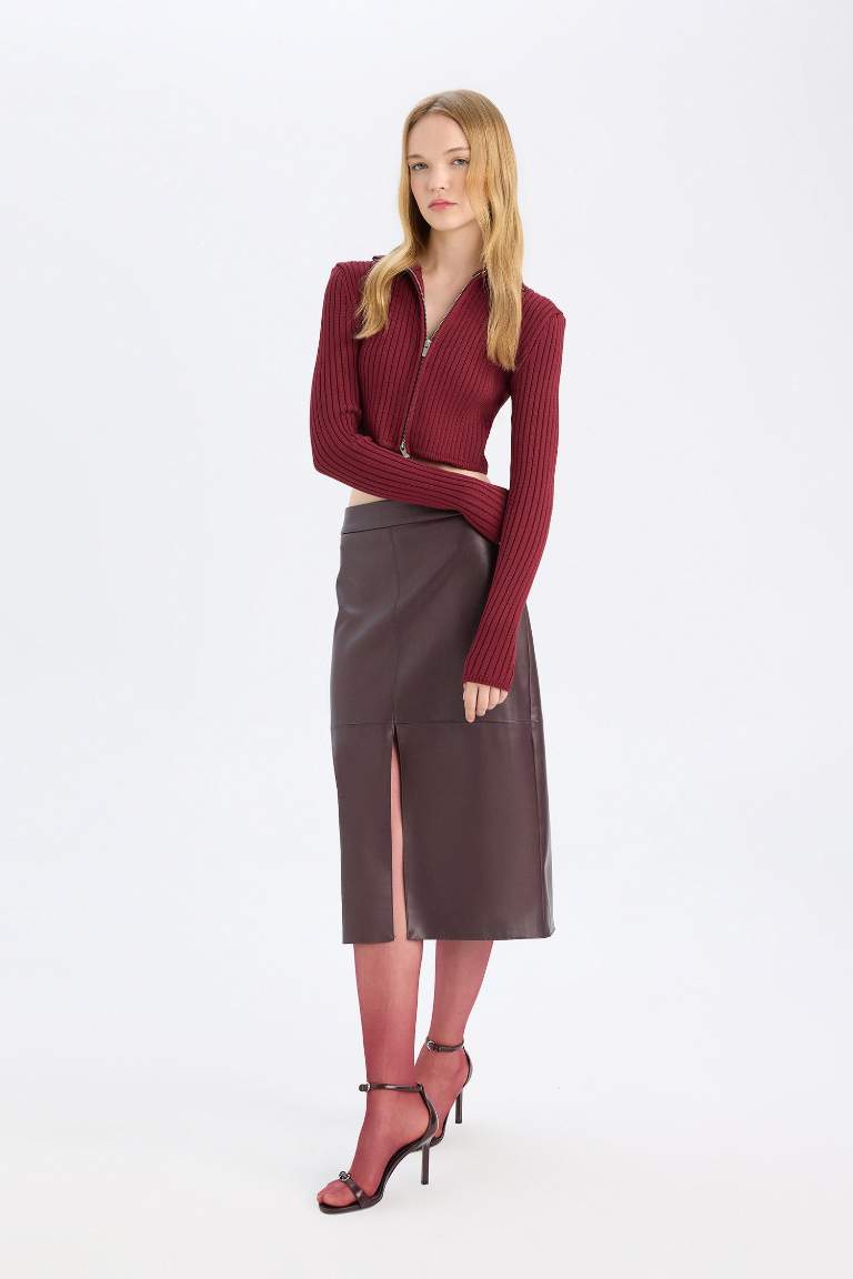 Pencil Faux Leather Combed Lining High waist Knitted Skirt