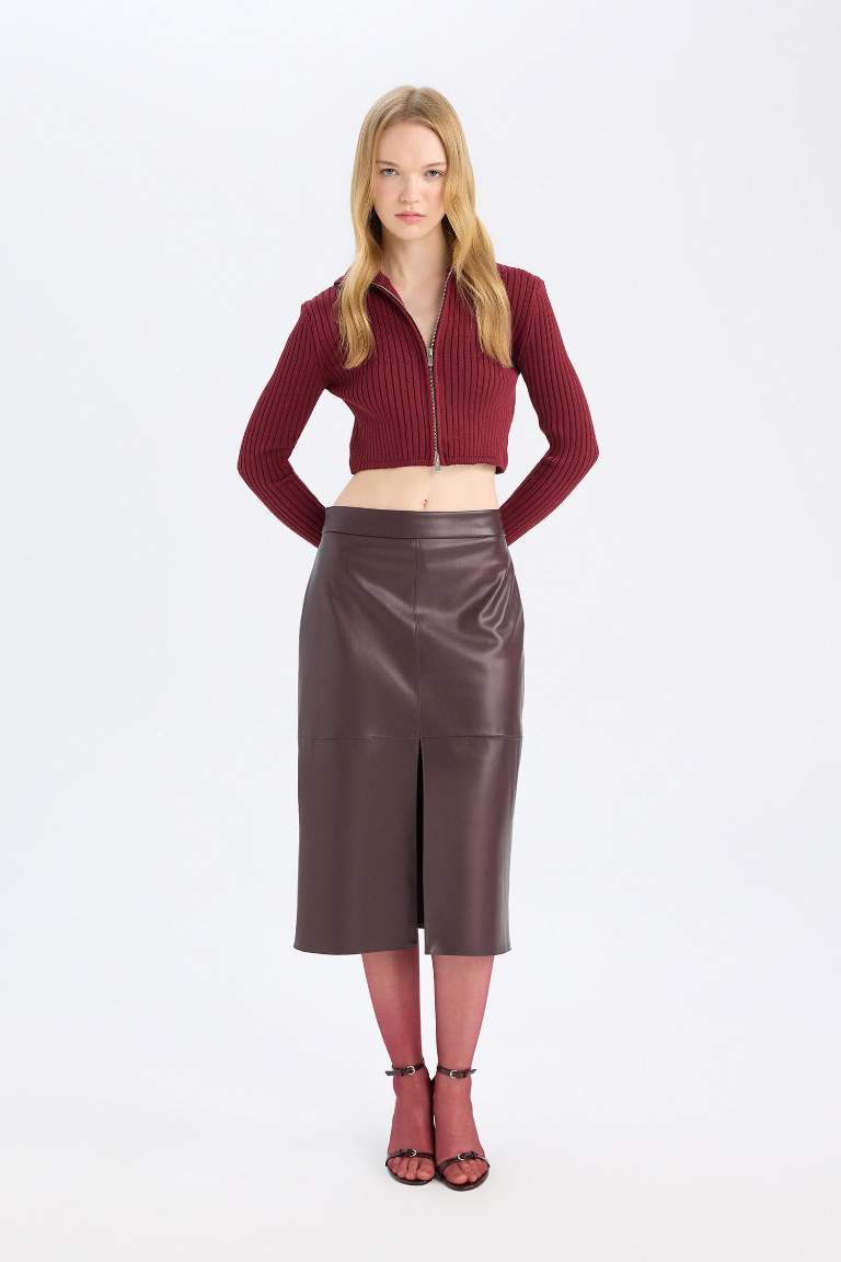 Pencil Faux Leather Combed Lining High waist Knitted Skirt