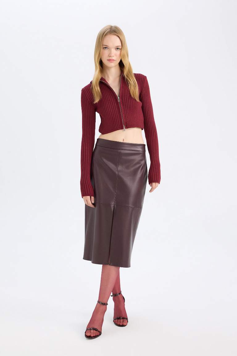 Pencil Faux Leather Combed Lining High waist Knitted Skirt