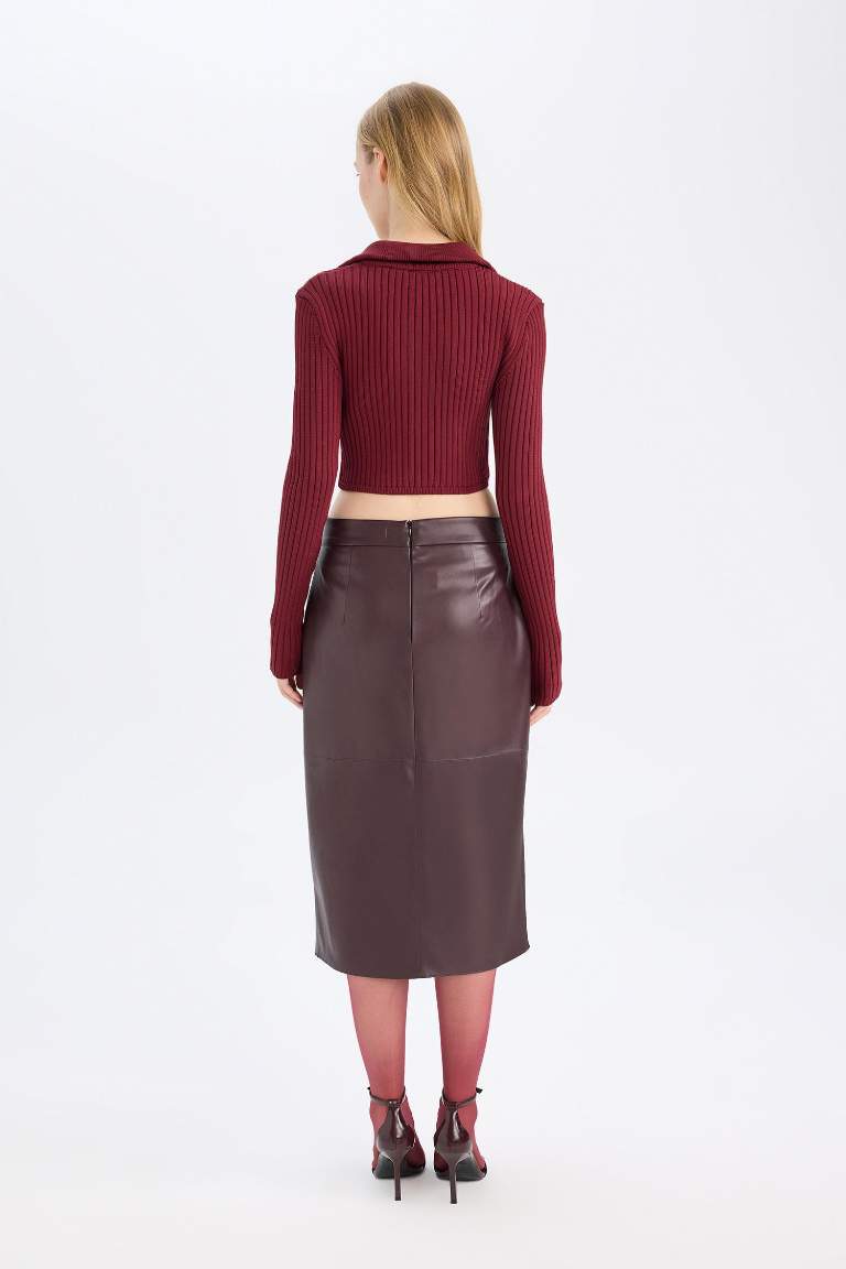 Pencil Faux Leather Combed Lining High waist Knitted Skirt