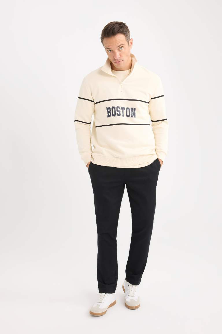 Relax Fit Dik Yaka Fermuarlı Baskılı Kalın Sweatshirt