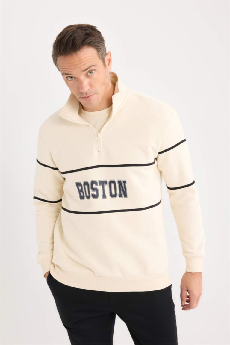 Relax Fit Dik Yaka Fermuarlı Baskılı Kalın Sweatshirt