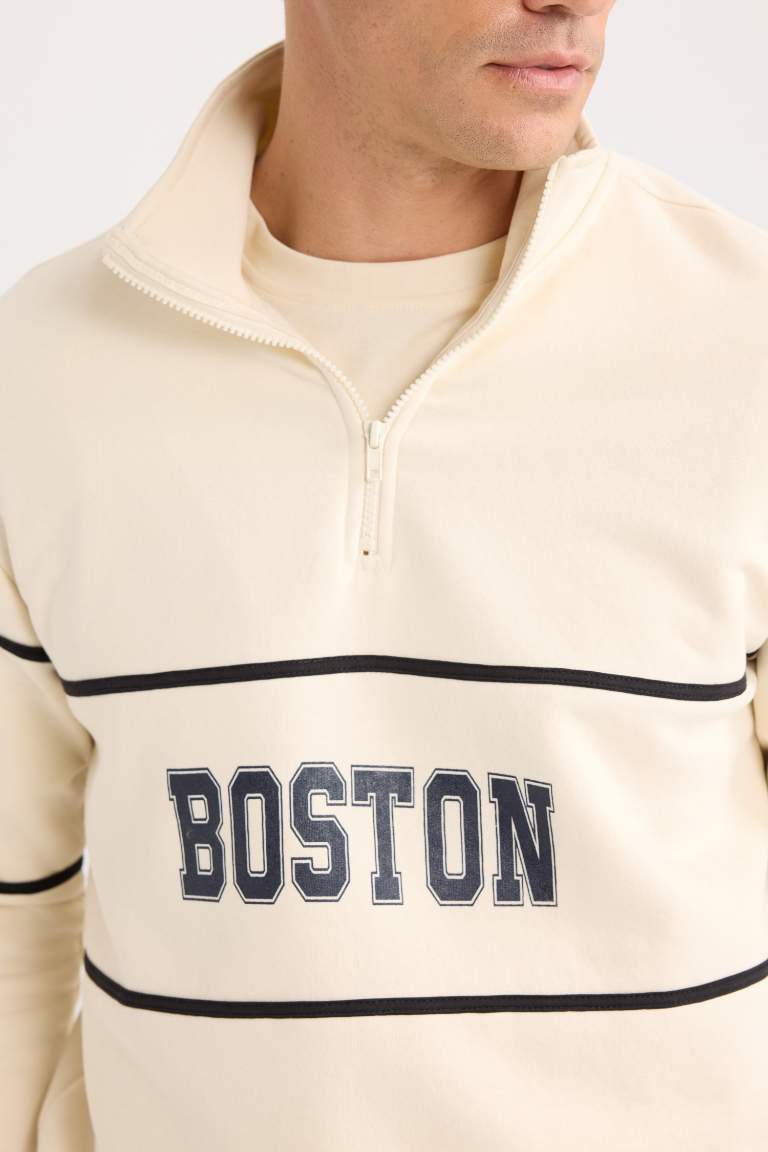 Relax Fit Dik Yaka Fermuarlı Baskılı Kalın Sweatshirt