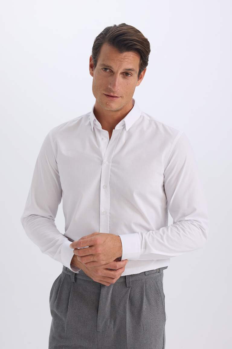 Slim Fit Polo Collar Poplin Long Sleeve Shirt